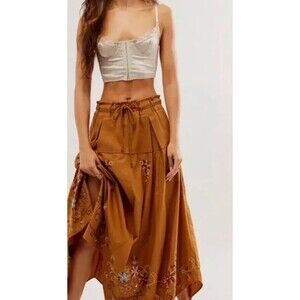 Free People Maxi Skirt Brown Arielle Floral  Cottagecore Embroidery Boho XS New